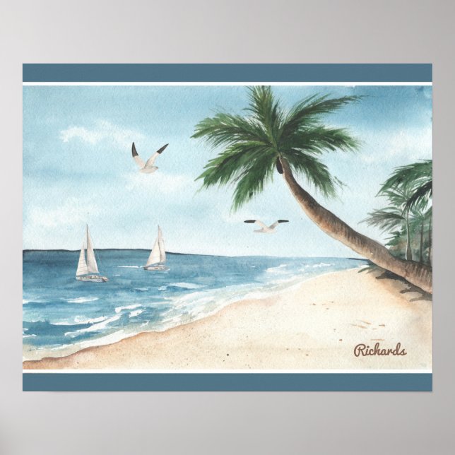 Affiche Paysage de plage avec voiliers Aquarelle Bleu (Devant)