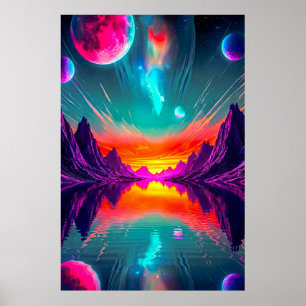 Affiche Paysage de planète extraterrestre néon synthwave g