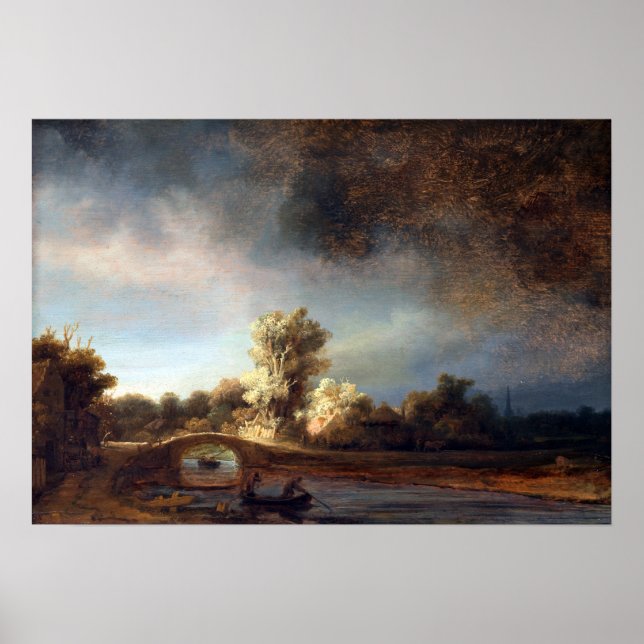 Affiche Paysage de Rembrandt avec pont de pierre (Devant)