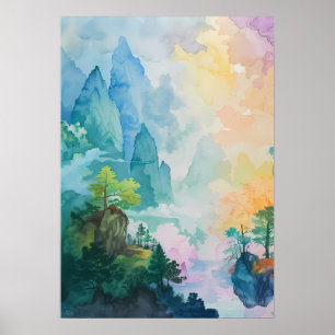 Affiche Paysage de rêve coloré avec arbres et montagnes