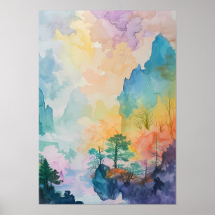 Affiche Paysage de rêve coloré avec arbres et montagnes
