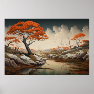 Affiche Paysage de rêve d'automne doré avec fantaisie d'or