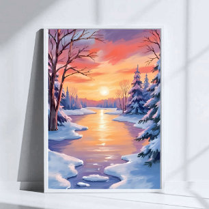 Affiche Paysage de rivière hivernale au coucher du soleil 
