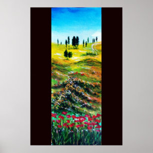 AFFICHE PAYSAGE DE TOSCANE AVEC COQUELICOTS