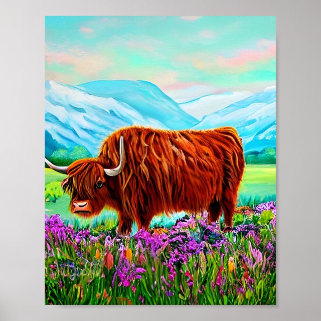 Affiche Paysage de vache Highland Peinture (Devant)