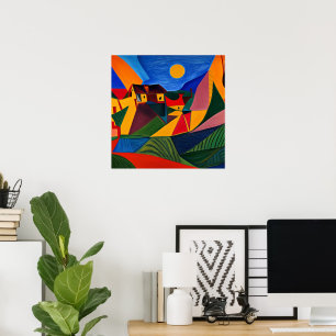 Affiche Paysage de village abstrait coloré