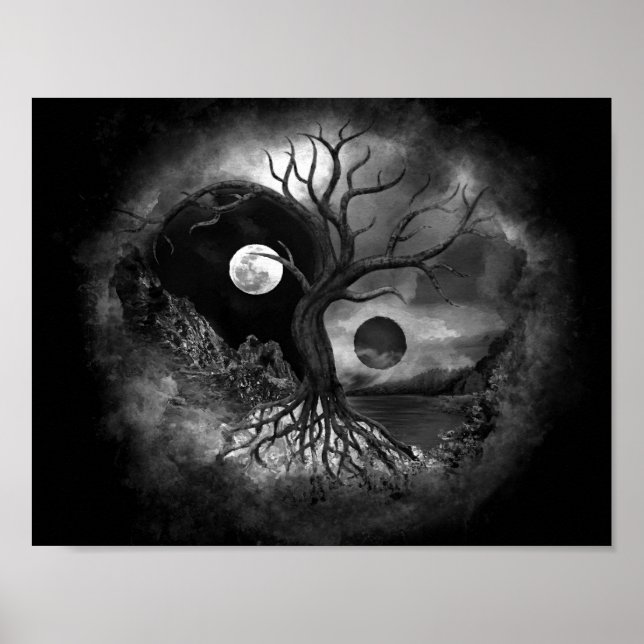 Affiche Paysage de Yin Yang Tree noir et blanc (Devant)