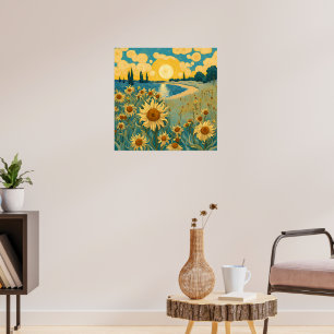 Affiche Paysage des tournesols aquarelle dans le style Van