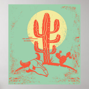 Affiche Paysage désertique avec cactus et crâne de vache.