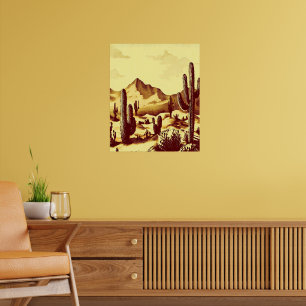 Affiche Paysage désertique, cactus, lever du soleil, vinta