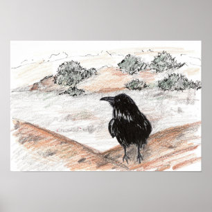 Affiche Paysage Désertique Oiseau Corbeau Rochers Rouges N