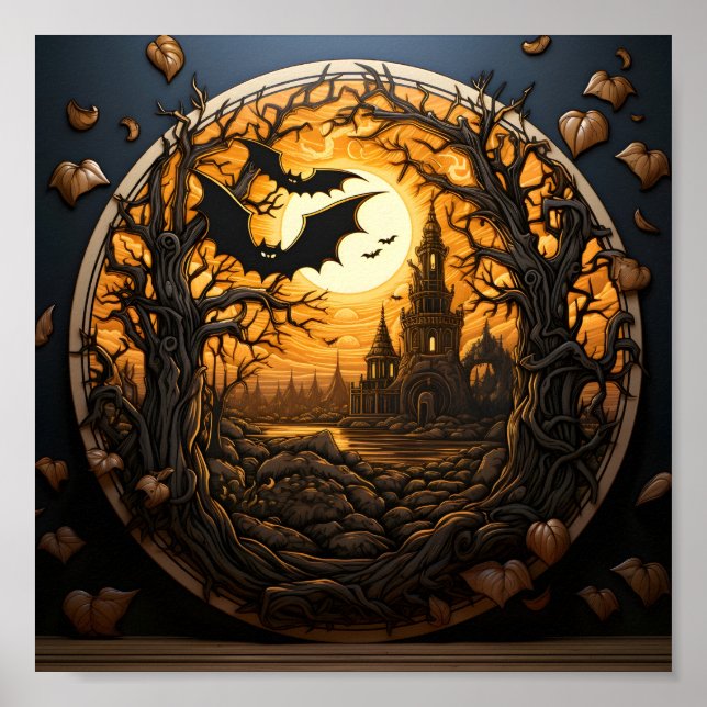 Affiche Paysage D'Halloween Dans La Forêt Avec Chauve-Feu  (Devant)