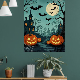 Affiche Paysage d'Halloween foncé avec chauves-souris et a