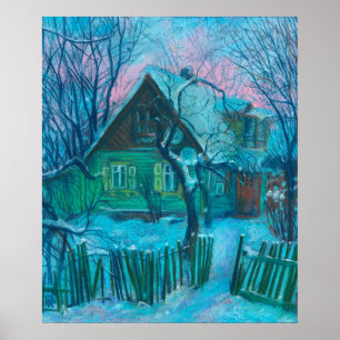 Affiche Paysage d'hiver Ancien gîte Maison Pastel Peinture