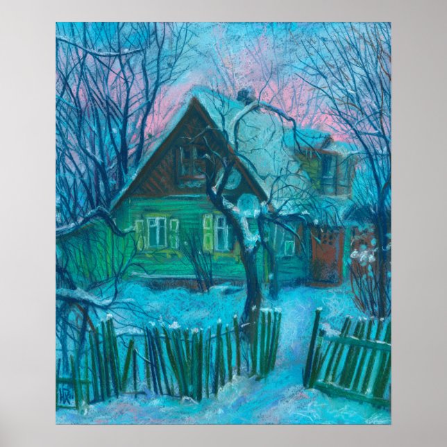 Affiche Paysage d'hiver Ancien gîte Maison Pastel Peinture (Devant)