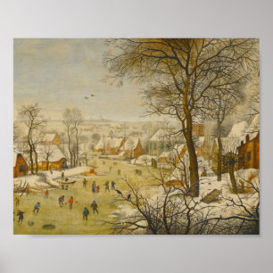 Affiche Paysage d'hiver avec des patineurs et un piège à o