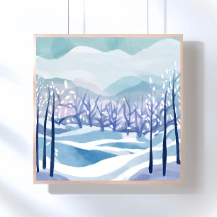 Affiche Paysage d'hiver enneigé bleu peinture à l'aquarell