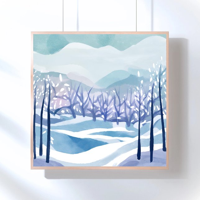 Affiche Paysage d'hiver enneigé bleu peinture à l'aquarell (Créateur téléchargé)