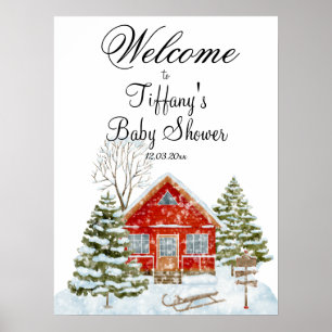 Affiche Paysage d'hiver Maison rouge Baby shower Bienvenue