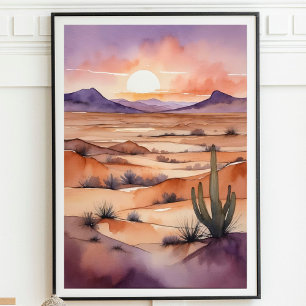 Affiche Paysage du désert d'aquarelle avec coucher de sole