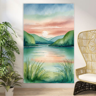 Affiche Paysage du lac d'aquarelle avec montagnes et couch