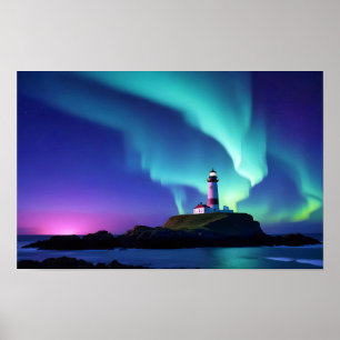 Affiche Paysage du phare Côte Océan Aurora Nuit