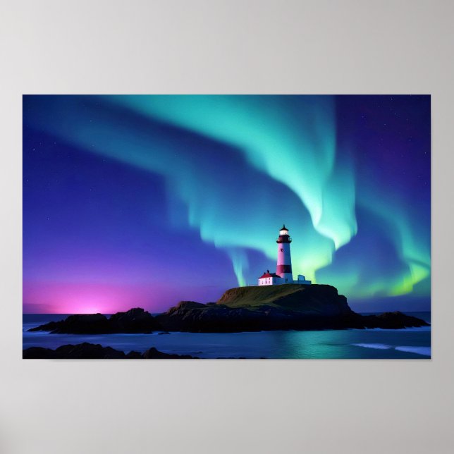 Affiche Paysage du phare Côte Océan Aurora Nuit (Devant)