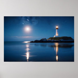 Affiche Paysage du phare Côte Océan Calme Mer Nuit