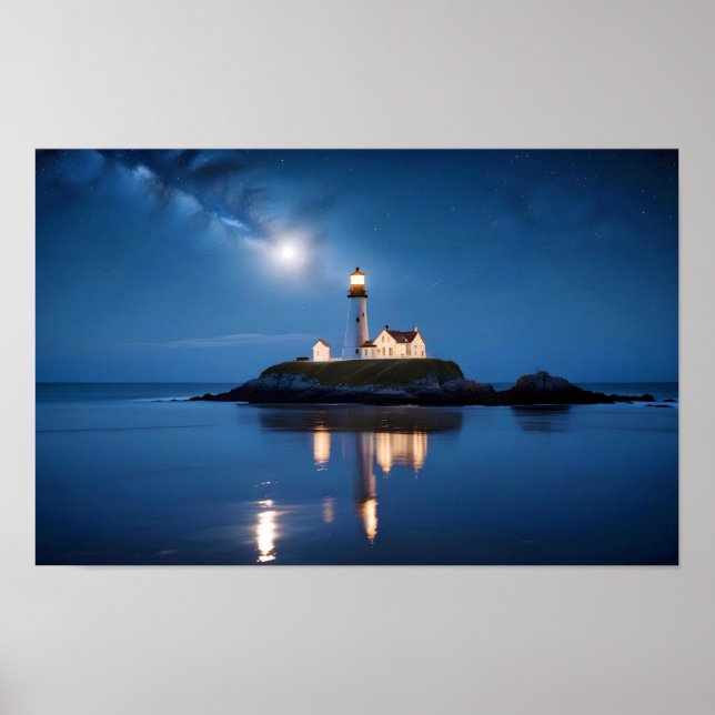 Affiche Paysage du phare Côte Océan Calme Mer Nuit (Devant)