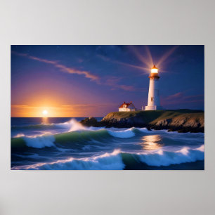 Affiche Paysage du phare Côte Océan Vagues coucher du sole
