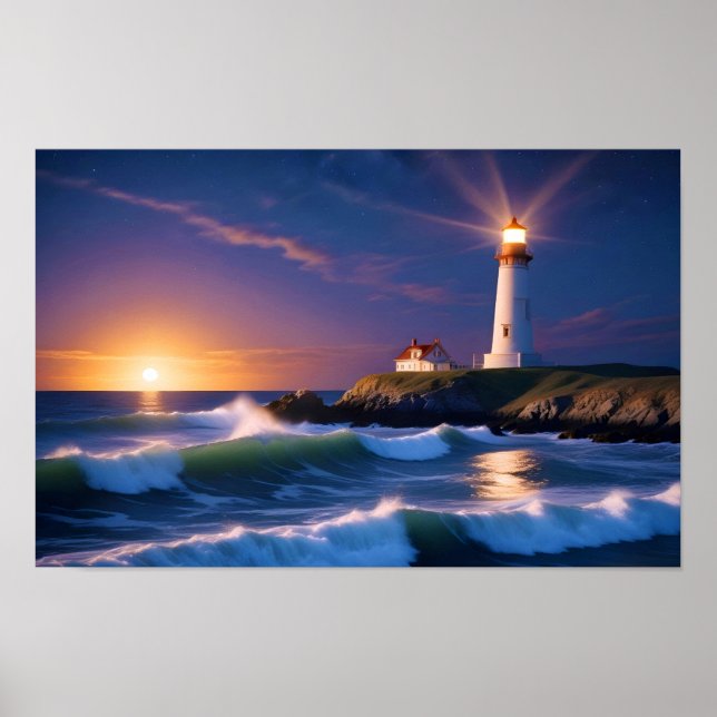 Affiche Paysage du phare Côte Océan Vagues coucher du sole (Devant)
