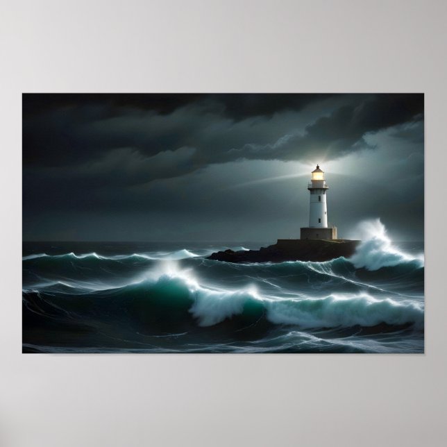 Affiche Paysage du phare Côte Océan Vagues Nuit Mer (Devant)