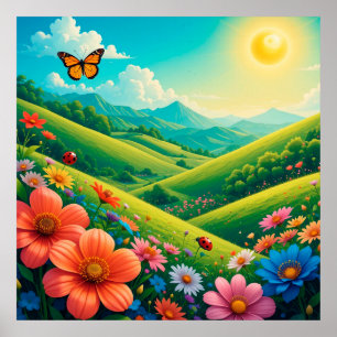 Affiche Paysage Estival Magnifique Avec Des Fleurs Colorée