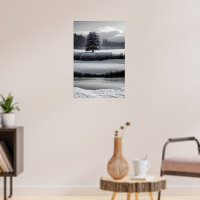 Paysage et arbre d'hiver, noir et blanc - art
