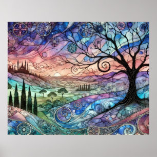 Affiche Paysage Fantastique avec Arbre et Coucher de Solei
