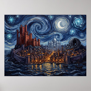 Affiche Paysage Fantastique de Nuit Étoilée à Port-Réal
