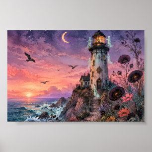 Affiche Paysage Fantastique de Phare Gothique au Coucher d