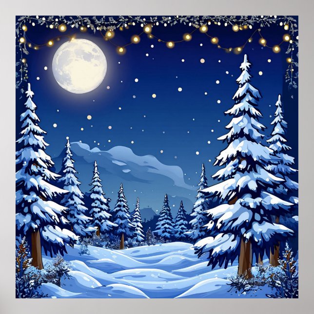 Affiche Paysage forestier enneigé sous une nuit au clair d (Devant)
