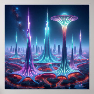 Affiche Paysage futuriste Alien avec Spaceport