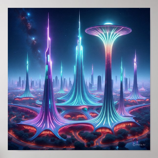 Affiche Paysage futuriste Alien avec Spaceport (Devant)