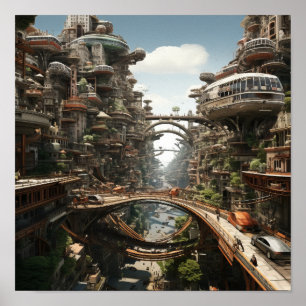 Affiche Paysage futuriste : voitures volantes et motos  