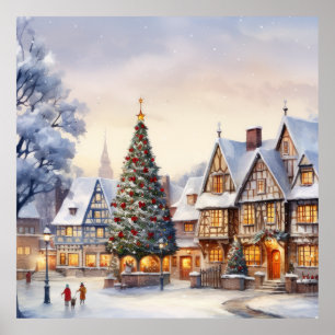 Affiche Paysage hivernal aquarelle Village de Noël