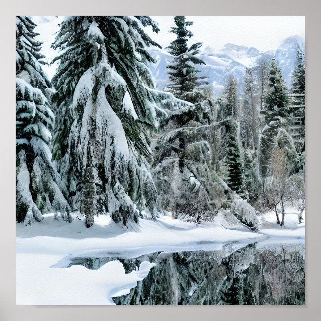 Affiche Paysage hivernal Arbres À feuillage persistant Mon (Devant)