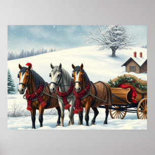 Affiche Paysage hivernal avec chevaux et Cabine