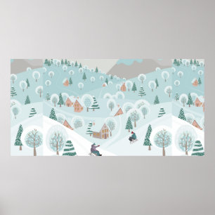 Affiche Paysage hivernal avec neige, arbres et enfants