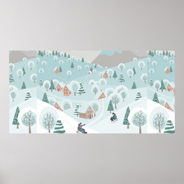 Affiche Paysage hivernal avec neige, arbres et enfants (Devant)