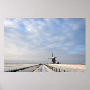 Affiche Paysage hivernal avec neige et moulin à vent en Ho
