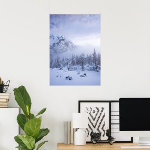 Affiche Paysage hivernal, brouillard, forêt d'épicéas et m