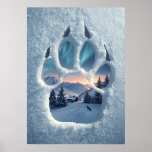 Affiche Paysage hivernal empreinte de patte de loup magiqu