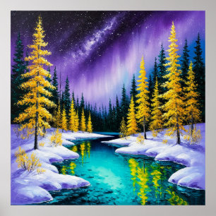 Affiche Paysage hivernal magique avec des arbres jaunes